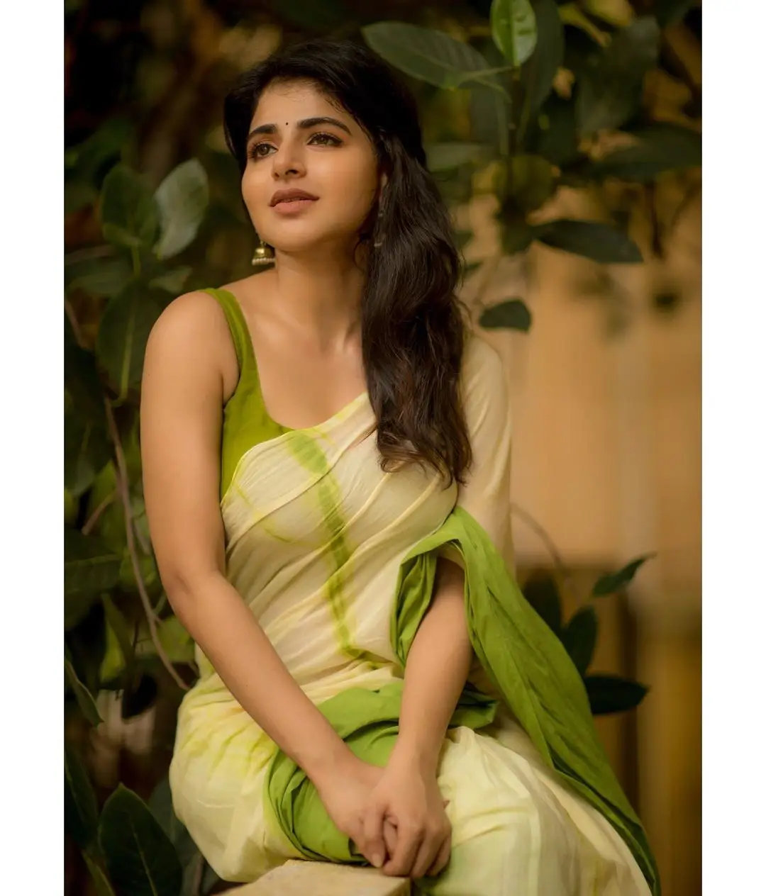 Indian Actress Iswarya Menon In Traditional Green Saree Sleeveless Blouse